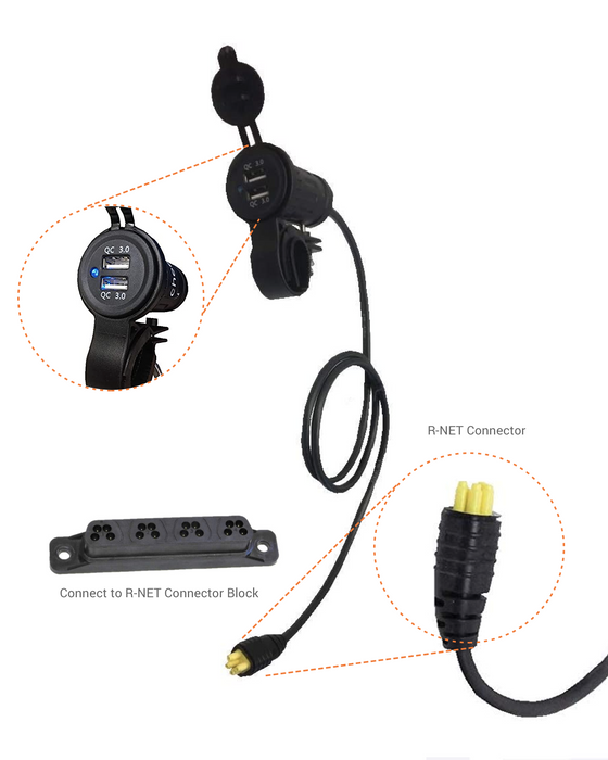 Dual-port USB Charger Adaptor for R-NET powerchairs (Permobil, Quantum, Sunrise & Pride)